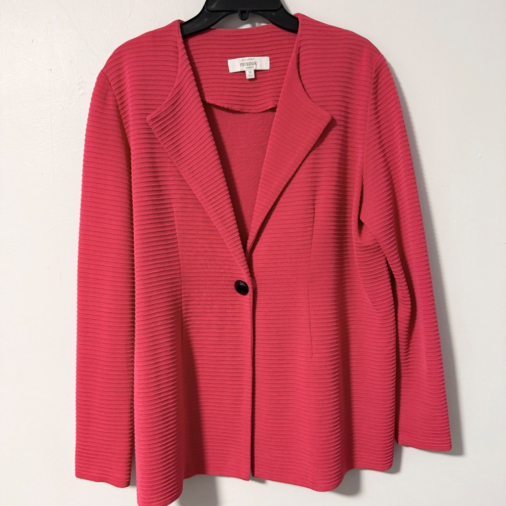 Misook Woman Pink Ribbed Knit Blazer Single Button Notched Lapel Plus 1X
